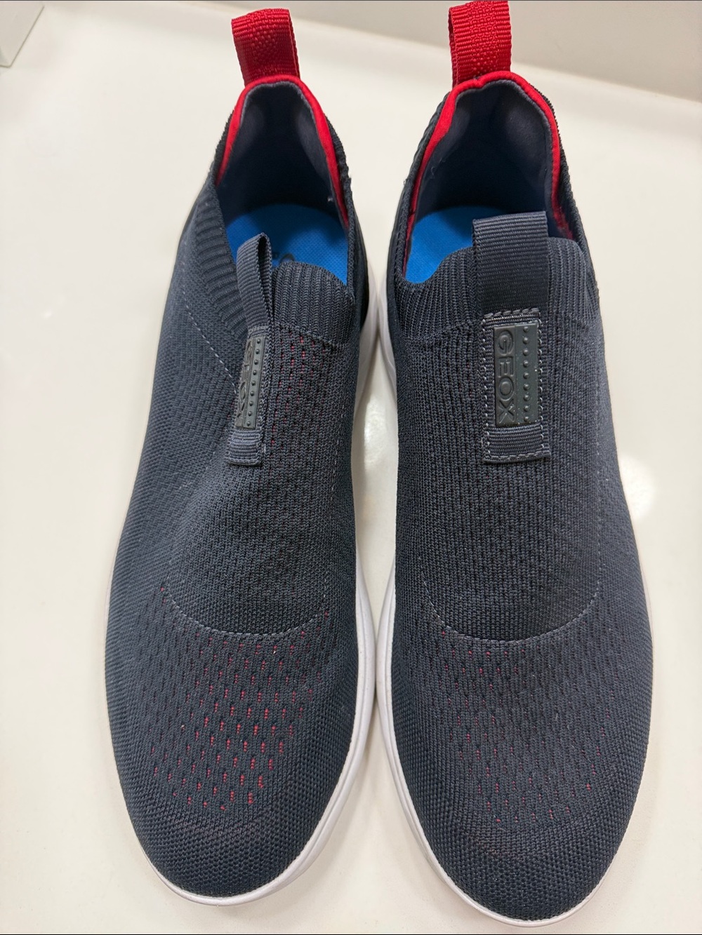 Geox Men's Slip-On Knit Sneakers in Navy with Red Accents